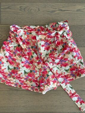 High-Waist Floral Tie-Belt Women's Shorts - Pink Multi